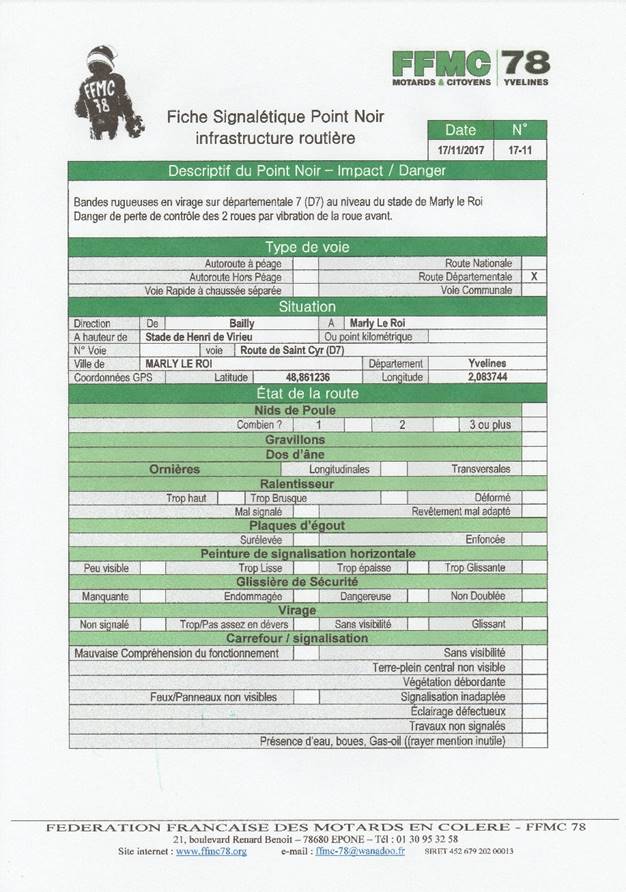 Fiche de signalement d'un danger de l'infrastructure